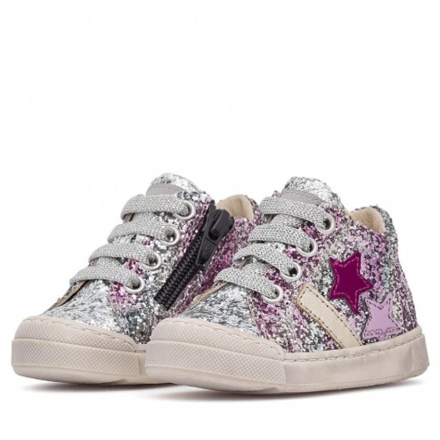 Girl FALCOTTO | Falcotto Moosy Zip 2 - Leather Sneakers With Glitter - Silver-Fucsia